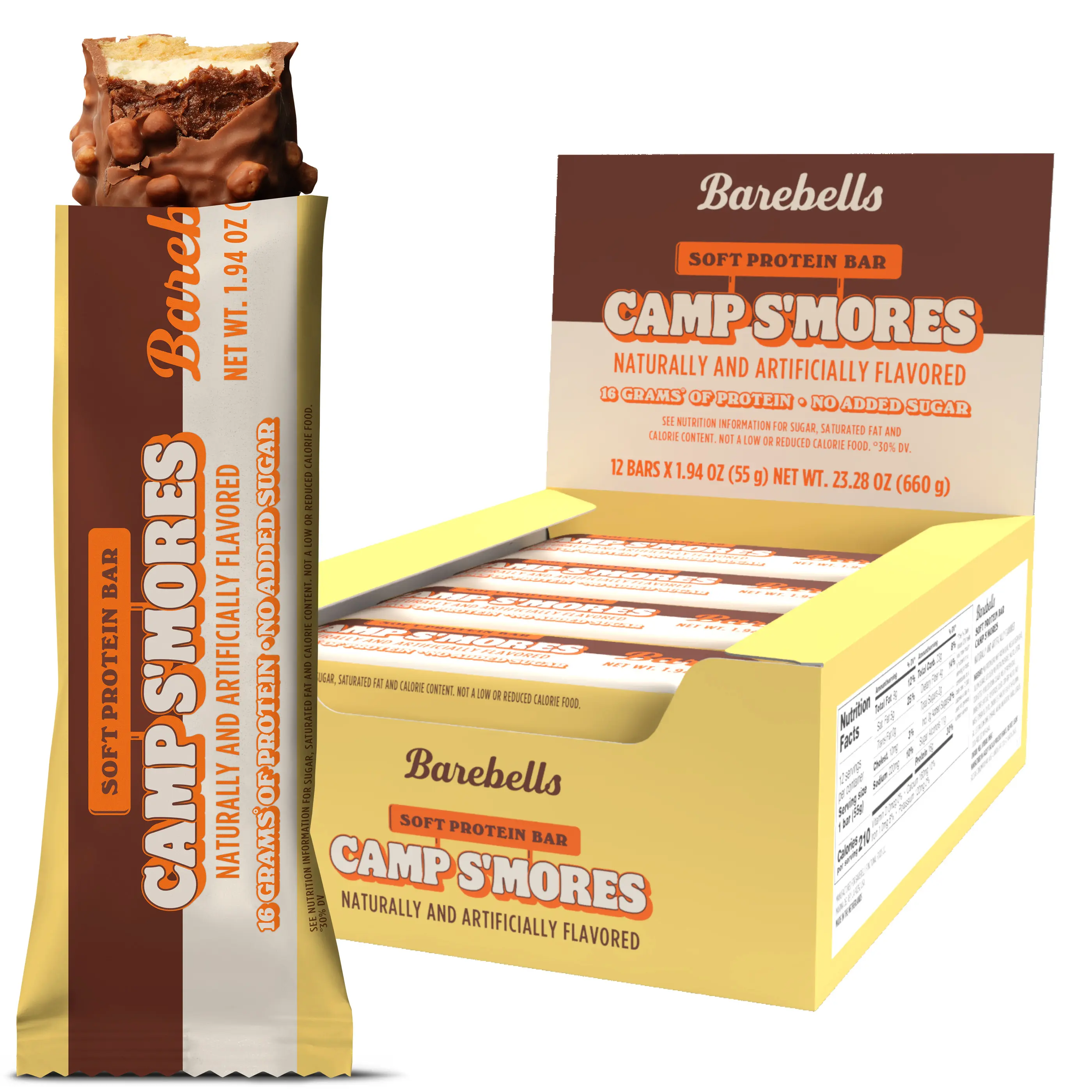 Barebells Camp S'mores 12 Count Soft Bar with 16g of High Protein - Rich indulgent chocolate Protein Bar with 1g of Total Sugars - Perfect on The Go Protein Snack & Breakfast Bar