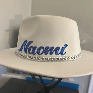Personalized Fedora Hat with Blue Rhinestones on Cream Base Classic Design Cotton Material