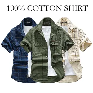 Men’s summer 100% cotton plaid short-sleeve shirt, breathable, skin-friendly fabric, turn-down collar + double chest pocket design, suitable for commuting to work and everyday casual wear oxford