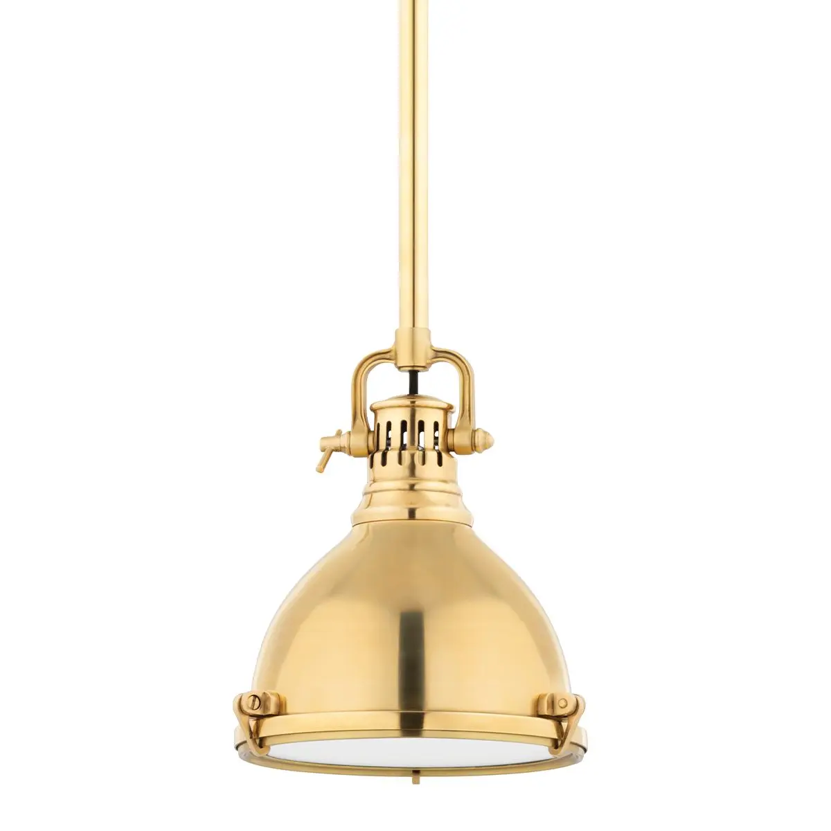 Pelham Mini Pendant Light - Industrial Dome Shade with Glass Diffuser in Aged Brass or Polished Nickel