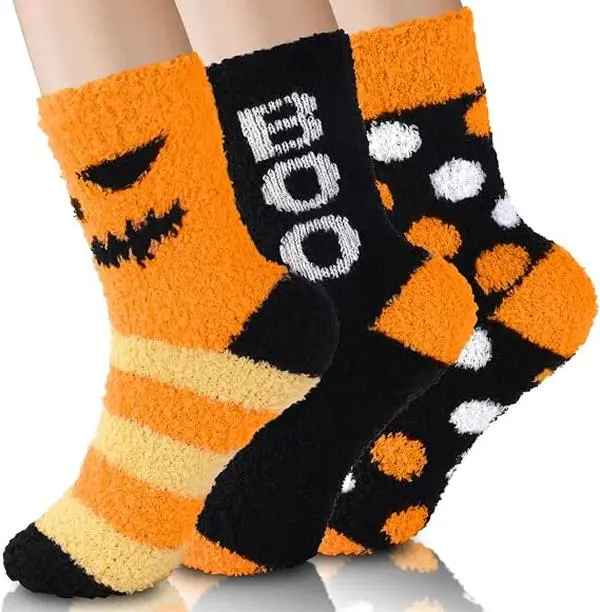 Halloween Fall Gift 3-Pair Fuzzy Socks for Women & Men, Cozy Plush Warm Winter Socks, Soft Fluffy Slipper & Sleeping Socks, Halloween Gifts for Wife, Grandma, Family & Friends