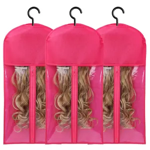 3Pcs Wig Storage Bags with Hanger for Home Salon Travel Suitable for Multiple Wigs Breathable Dust-proof Wig Bags for Hair Extensions Accessories  Rose Pink Plastic Cover