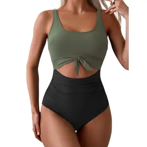 Modest One Piece Swimsuit High Waist Halter Neck with Cut Out Design Solid Color Conservative Tummy Control Swimsuit For Women