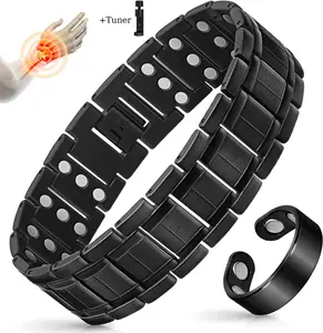 Magnetic Bracelet for Men with Triple-Row Strong Magnets Lymphatic Drainage Ring Set Adjustable Sizing Tool Black Magnetic Jewelry Gift - Wearable Pedometer