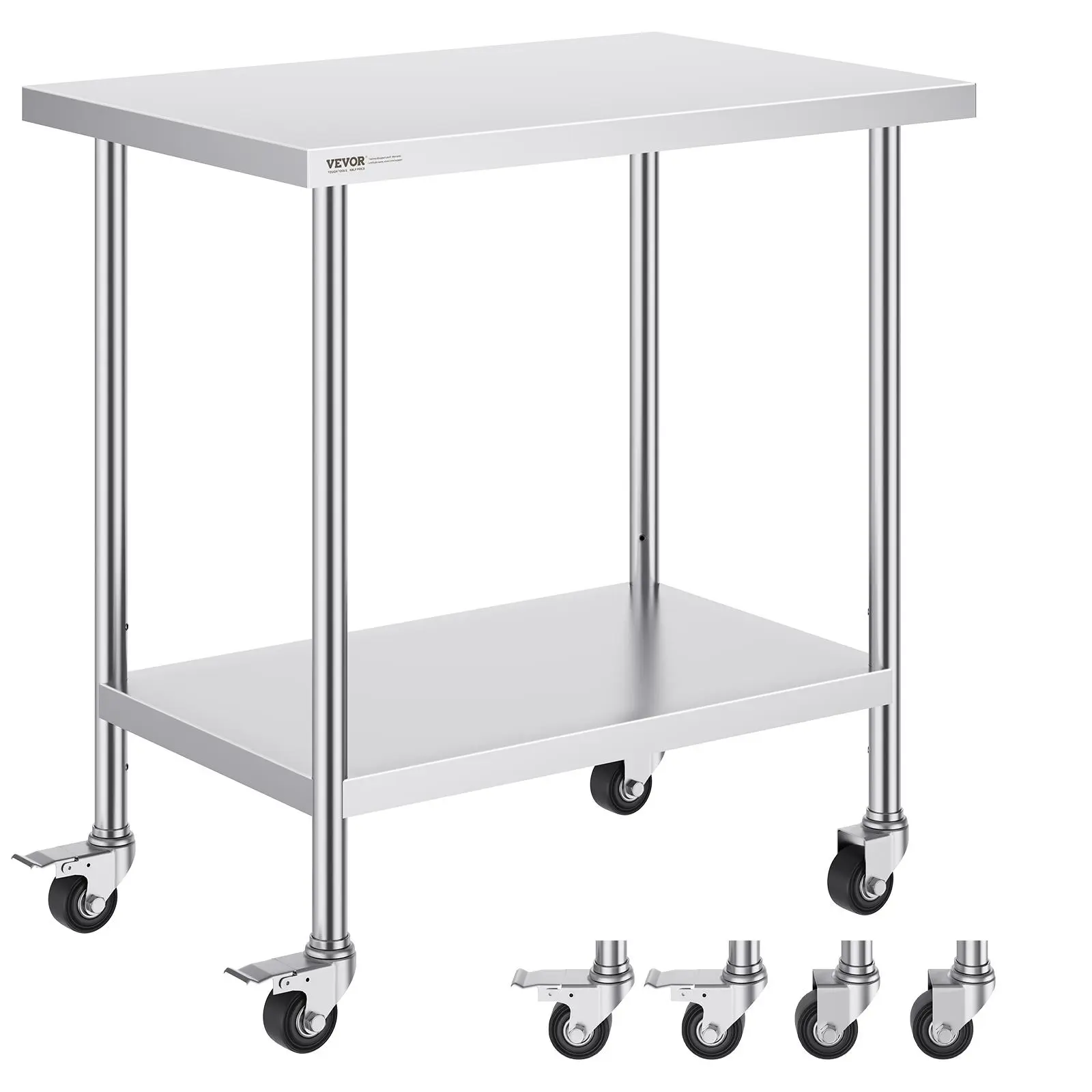 VEVOR Stainless Steel Work Table - 24x36x38 in, 4 Smooth Wheels, 3 Adjustable Height Levels, Durable Reinforced Organizer with Shelf & Racks, Heavy Duty Food Prep Table for Commercial Kitchens, Silver, Garage, Organiser, Sturdy