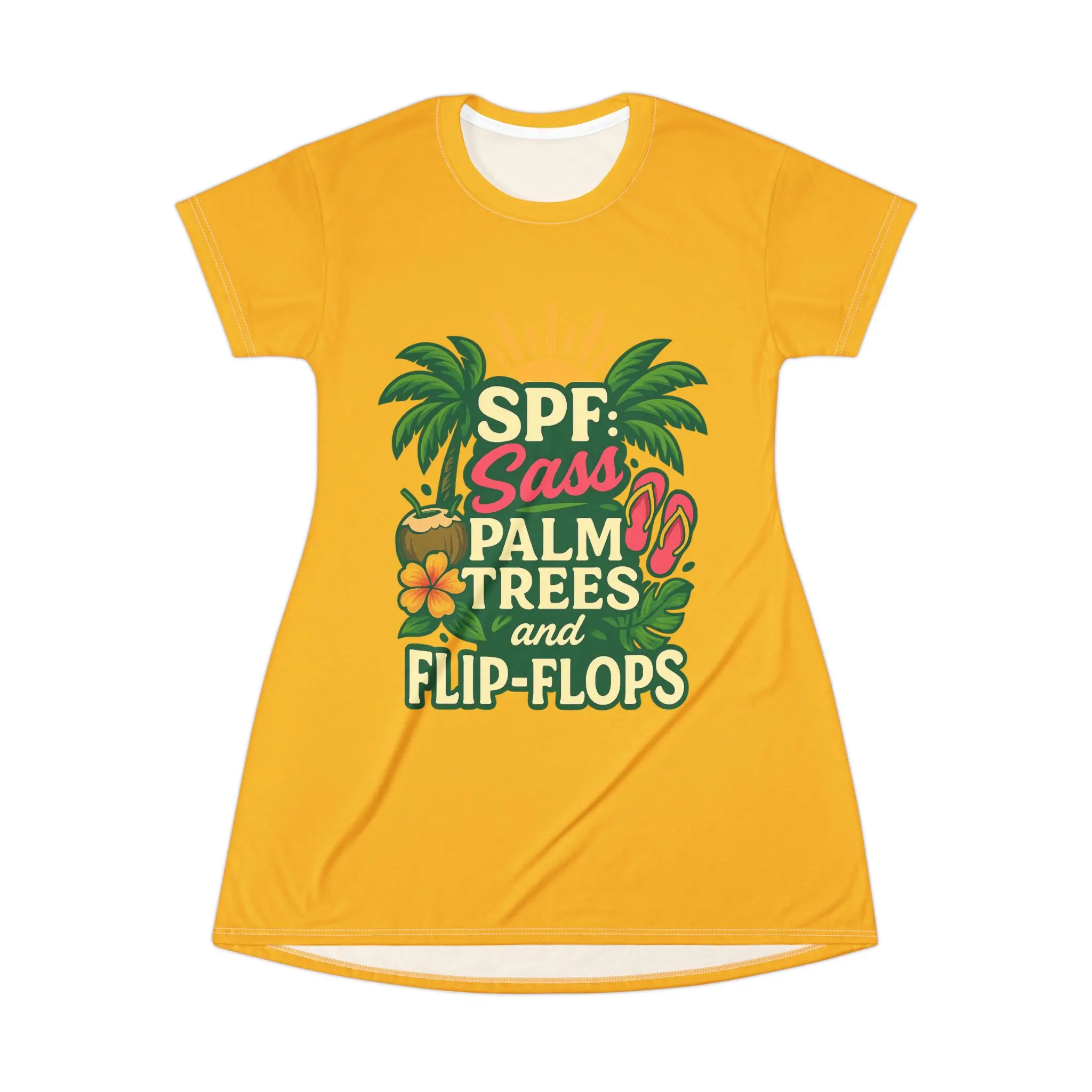 Sunny Vibes T-Shirt Dress, Casual Summer Dress, Beach Cover-Up, Vacation Apparel, Fun Graphic Dress, SPF Sass Dress