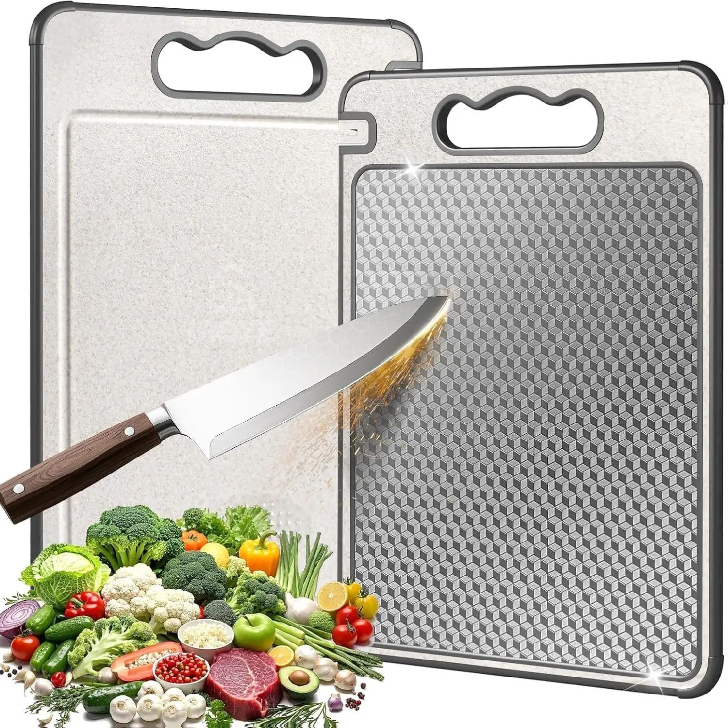 1-Pack Stylish Portable Food-Grade 304 Stainless Steel Metal Chopping Board for Kitchen, 14.37"x9.84" Double-Sided Non-Toxic Non-Slip Board with Scratch-Resistant Mesh Design, Knife-Compatible, Wheat Straw PP Side for Garlic & Meat, Cutting Board, Birthda