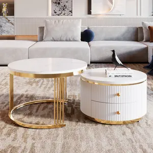 Modern 2 Pieces White Round Nesting Coffee Table with Drawers in 27.6'' - Gold Accent Legs & White Finish Design Foldable MDF Top Storage Drawers Elegant Living Room Furniture
