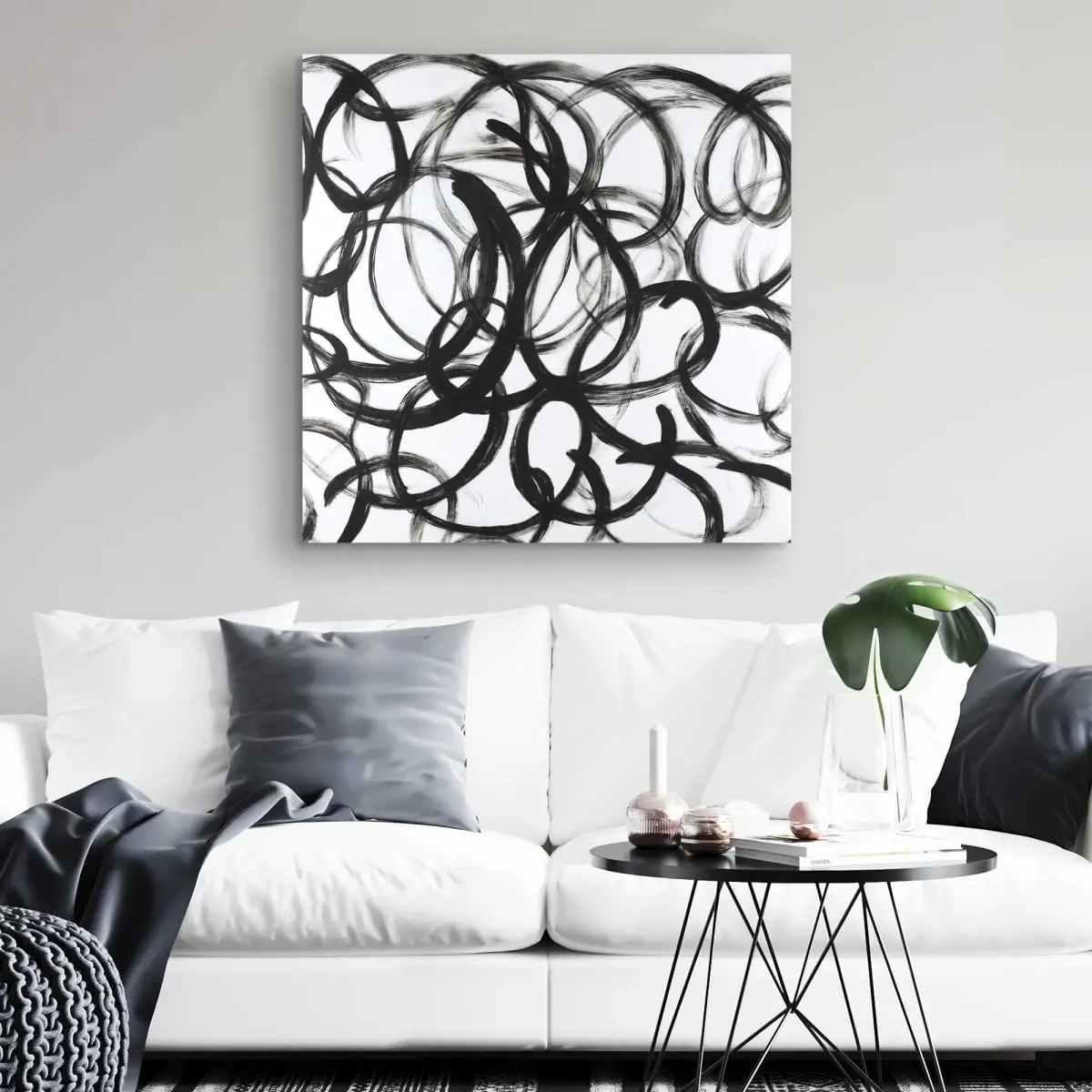 212 MAIN 32x32 in. Minimalist Artistic Abstract Curly Lines Black-White Canvas Artwork, Bedroom Decoration, Ideal Gift for Home Decor Enthusiasts (C1RC3232XK20IL)