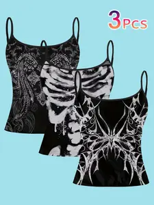 Women's Slim Fit Strapless Top Set, Dark Totem & Butterfly Pattern Design, Casual All Season Wear, Perfect Outerwear Choice, Spaghetti Strap