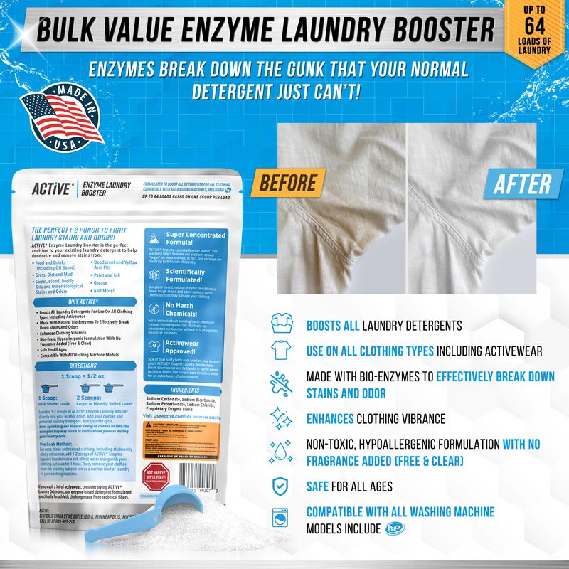 Enzyme Laundry Booster Odor Remover - 2 lbs Unscented Enzymatic Clothes Stain Cleaner Powder, Natural Deodorizer with Bio Active Enzymes, Detergent Additive Fragrance Eliminator for Sweat, Oil, Blood - 64 Loads