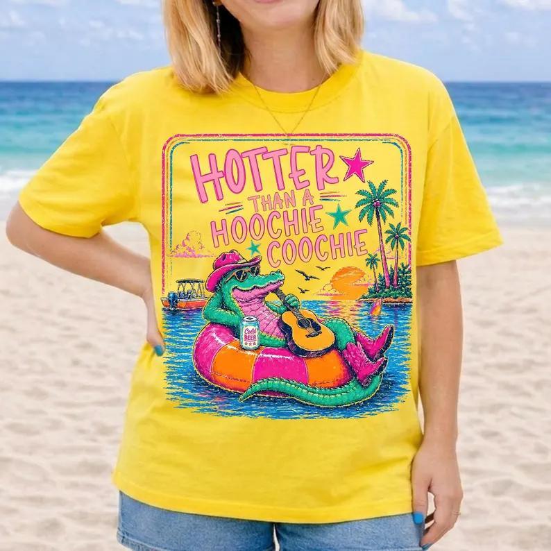 Comfort Colors Hotter Than a Hoochie Coochie Shirt, Funny Alligator Beach Tee, Summer Vacation Graphic T-Shirt, Tropical Lake Life Unisex Tee