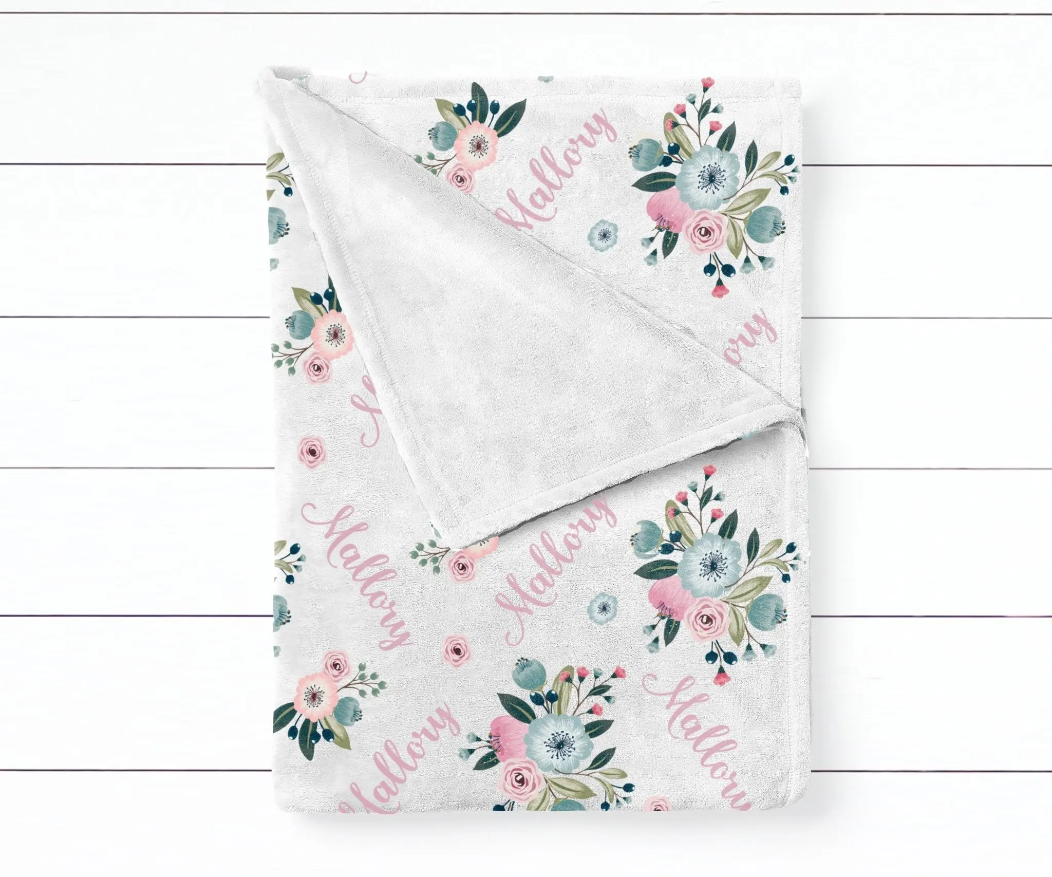 Girl's Personalized Blue & Blush Pink Floral Swaddle Blanket