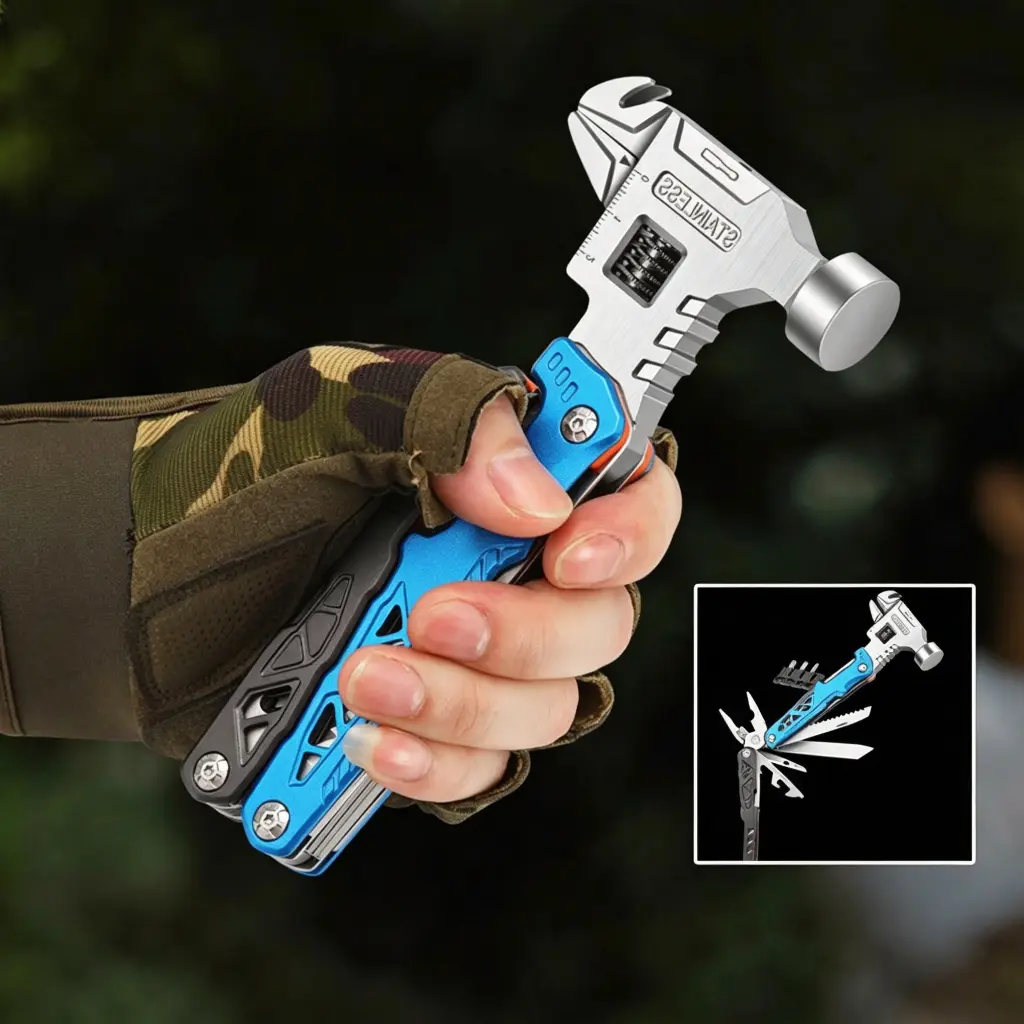 Multifunctional Folding Claw Hammer, Stainless Steel Emergency Survival Multi Tool with Pliers, Knife and Screwdriver, Portable Outdoor Camping Car Emergency Combination Tool