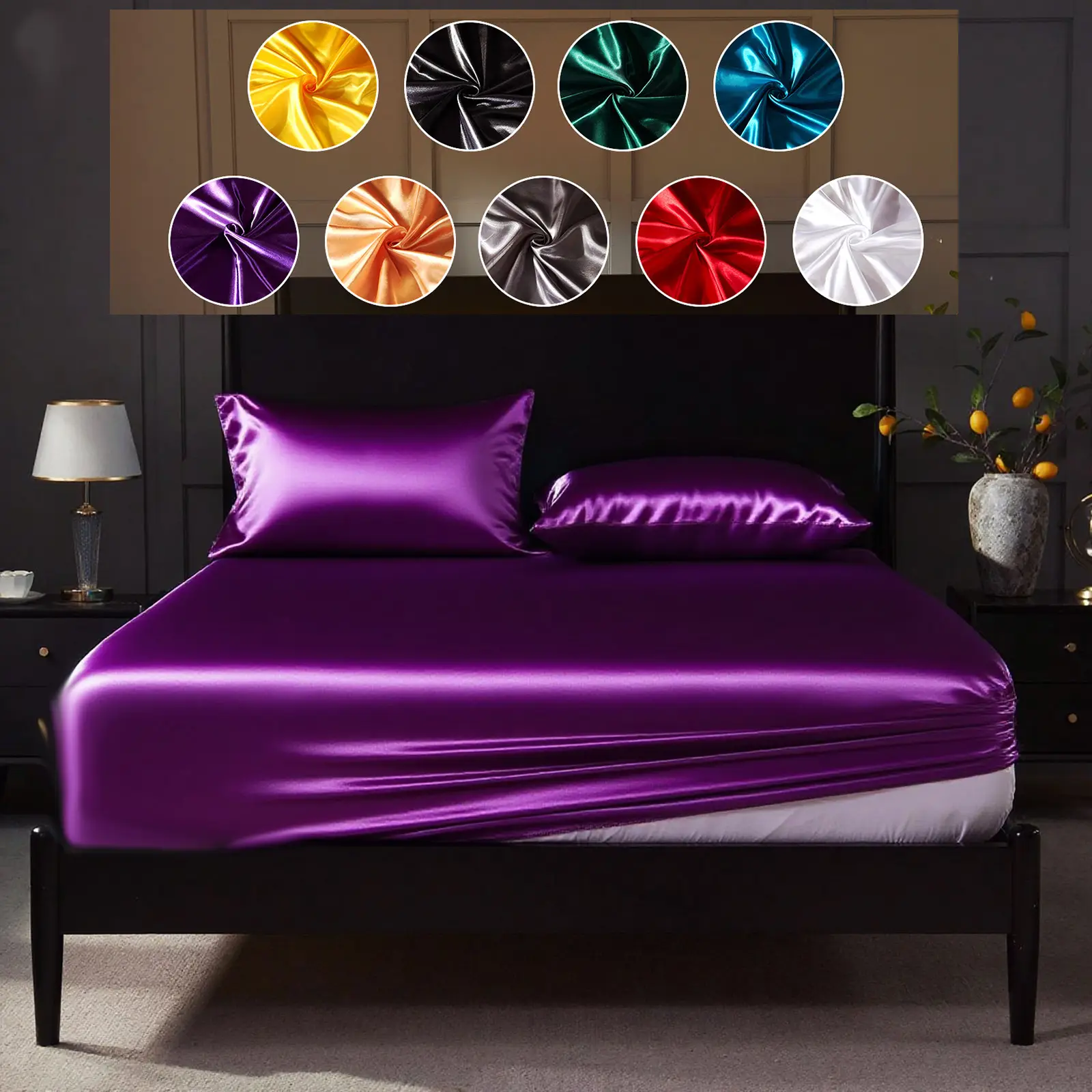 Cosybay Silky Satin Bed Sheet Set Queen Size with Pillowcases, Luxury Fitted Sheet 3pcs (twin size only 2pcs（NO flat sheet or top sheet）), Cooling She