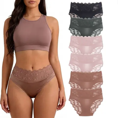 Women's Breathable Lace Panty Set - 12-Piece/6-Piece Mid-Waist Bikini Hipster Briefs, Everyday Fit Lingerie for Daily Wear