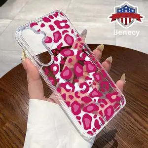 Pink Leopard Print Pattern Magnetic Phone Case Compatible with Galaxy  S23 Ultra S24 Plus FE S25 S22+ Non-Yellowing Clear Crystal Drop-proof Slim Silicone Shockproof Transparent Acrylic Large Hole Cover Supports Wireless Charging