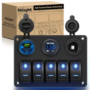 Nilight 5-Gang Pre-Wired Aluminum Rocker Switch Panel with PD Type-C, USB, Cigarette Lighter Socket & Voltmeter for 12V-24V Cars, Boats, Truck Accessories, Semi Truck Accessories
