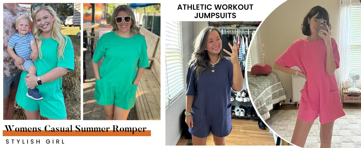WoodBerry Women's Oversized Rompers Casual Athletic Jumpsuits Overalls Workout Hot Shot Tee Romper Round Neck Cute Shirt Womenswear