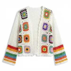 Womens Boho Crochet Cardigan, Handmade Floral Knit Sweater, Vintage Hollow Out Open Knit Cover Up, Long Sleeve Bohemian Lightweight Jacket Spandex Everyday Womenswear Knitwear