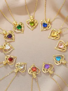 1 Piece Copper-Zircon Rose Flower Heart Birthstone Necklace - Fashionable, Unique & Light Luxury Ladies' Heart Pendant Necklace, Elegant Jewelry Accessory, Heart Shaped Necklace, Perfect Gift for Her