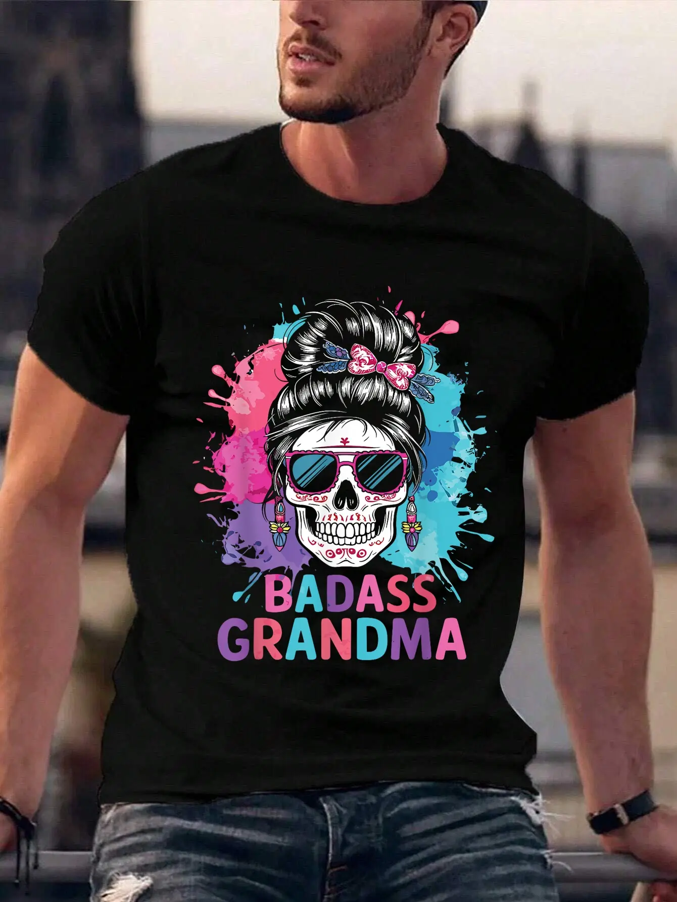 100% Cotton  Unisex Badass Grandma Messy Bun Skull For Grandmother Funny Badass Grandma Messy Bun Skull For Grandmother T-Shirt Golf Gift T-Shirt For Men And Women