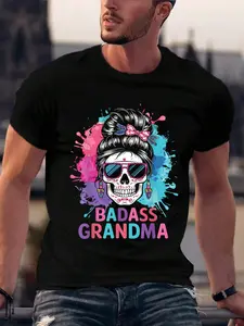 100% Cotton  Unisex Badass Grandma Messy Bun Skull For Grandmother Funny Badass Grandma Messy Bun Skull For Grandmother T-Shirt Golf Gift T-Shirt For Men And Women