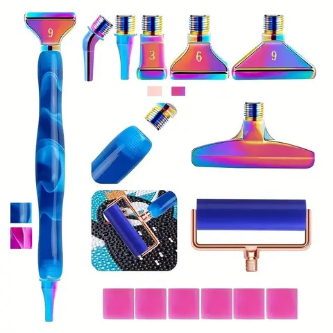 15Pcs Diamond Art Painting Pen Metal Tips Kit Stainless Screw Thread Tips Multi Placer Tips Roller White Drill Disk Accessories Diamond Art Painting Craft Accessories 5D Diamond Art Painting Tools, Purple/Blue, Diamond Painting Kits