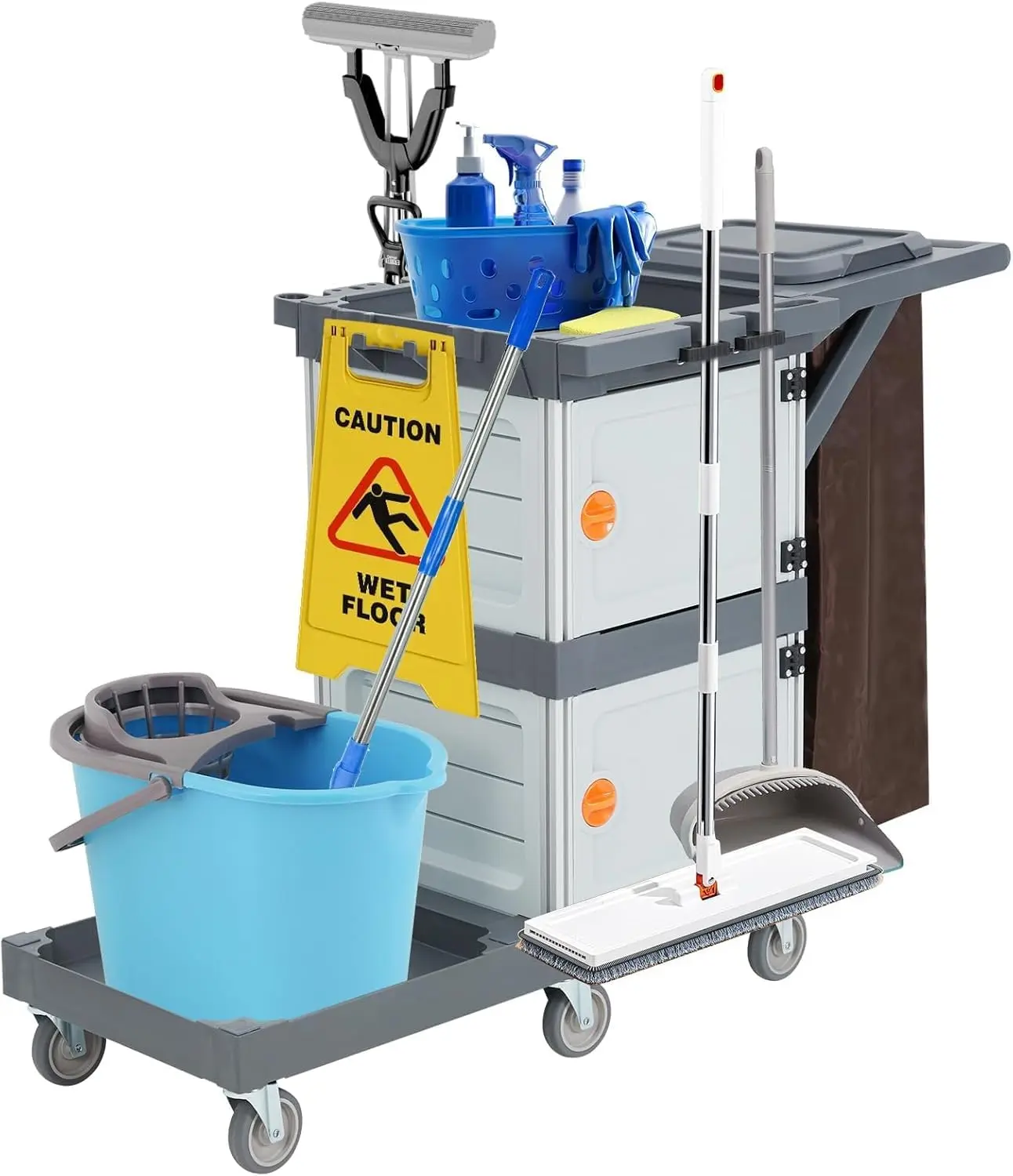【GARVEE】Commercial Janitorial Cart with 2 Cabinet, Commercial Traditional Janitorial 3-Shelf Cleaning Cart on Wheels with Cover and Vinyl Bag, Custodial Cart, Housekeeping Carts for Hotels Apartment