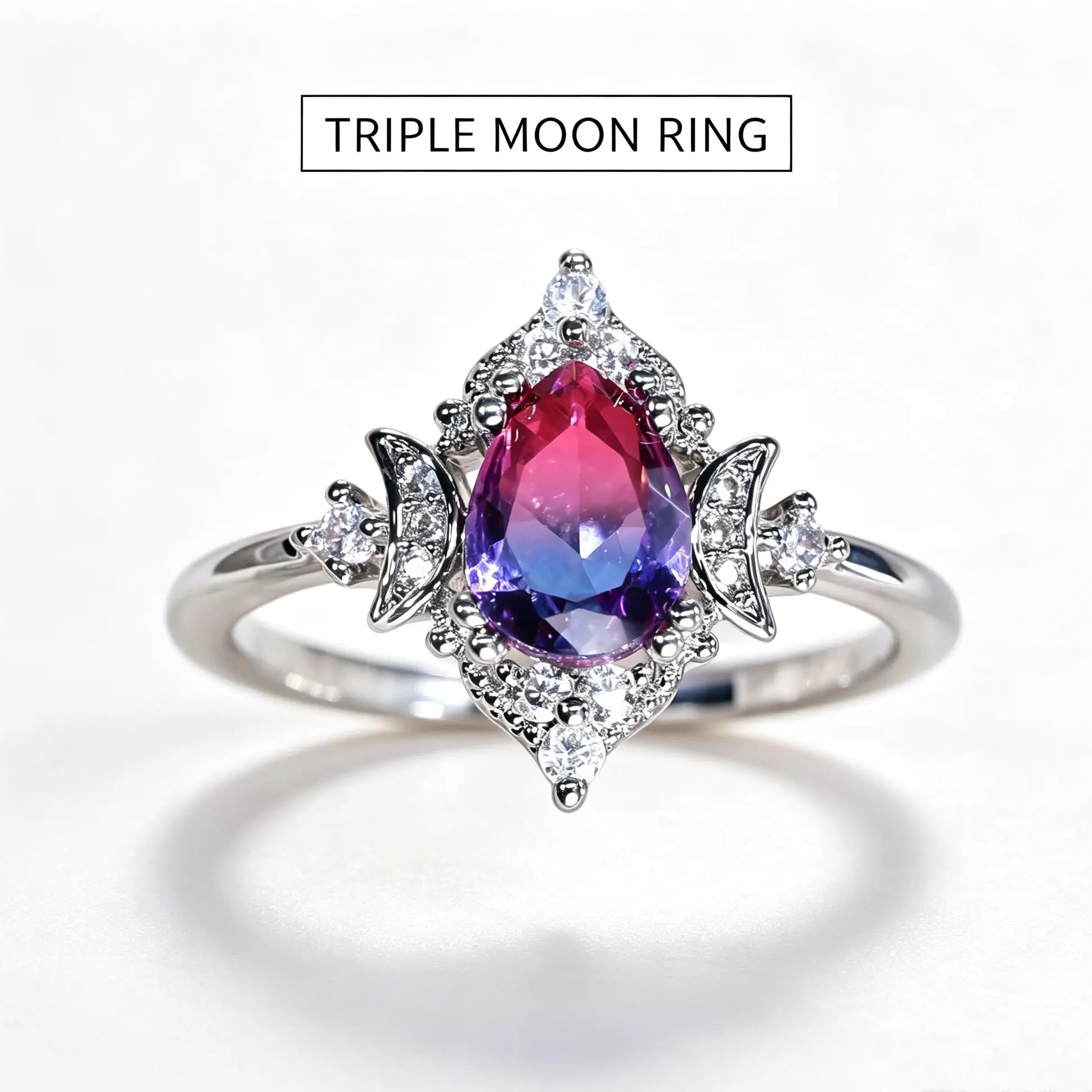 Triple Moon Ring + Silver Plated Teardrop Pink Purple Gradient Tourmaline Ring Retro Mystic Witchy Style + Daily Wear Party Dating Jewelry Gift