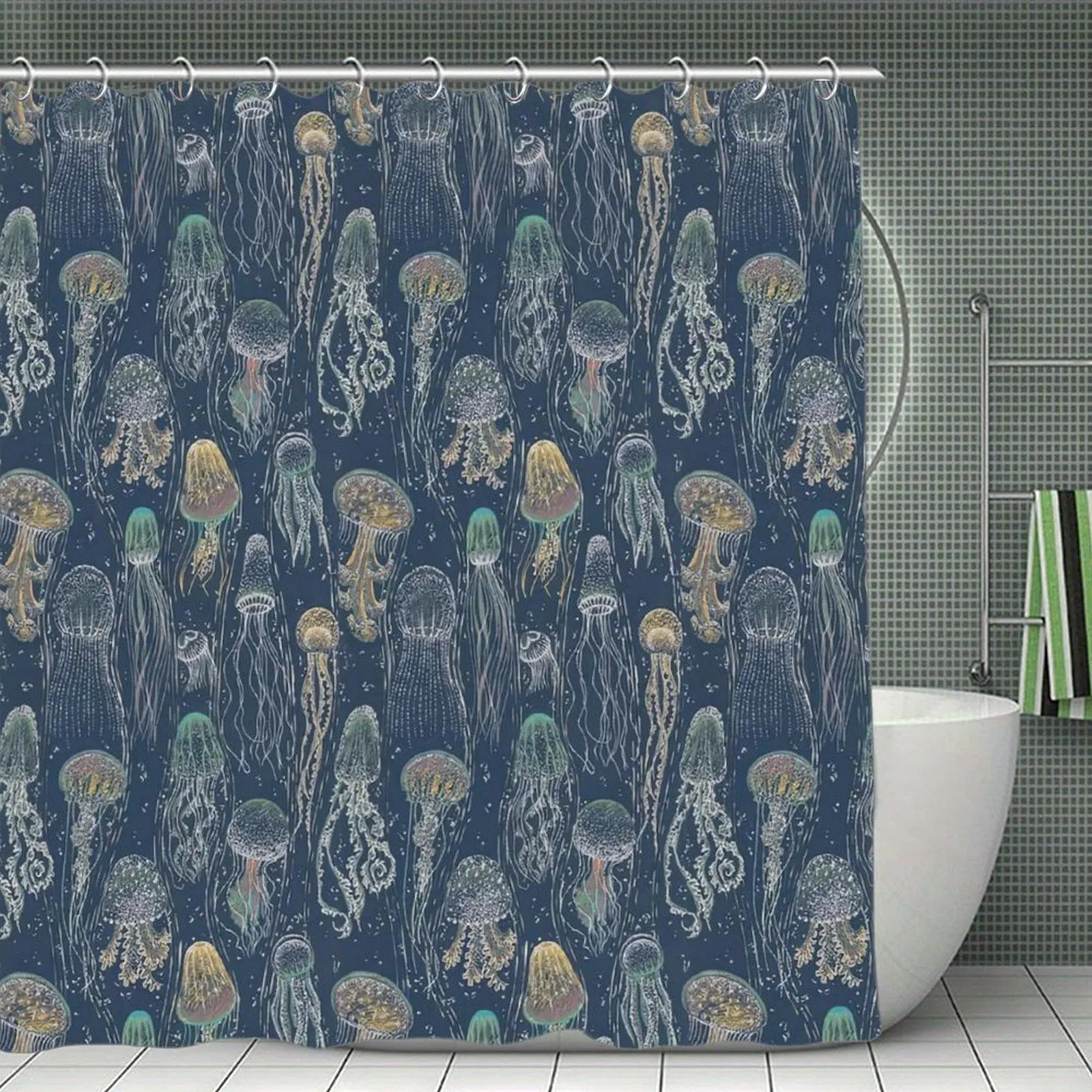Waterproof Jellyfish Seamless Repeat Print Shower Curtain - Plastic Window-Compatible, Stainless Steel Hook-Ready, Ocean Nautical Bathtub Bathroom Home Decor, Ocean Theme