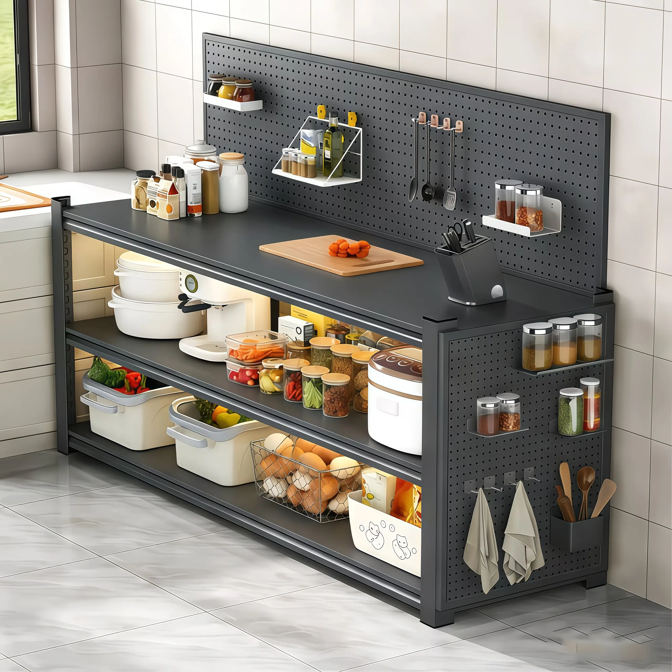 Heavy-Duty 3-Tier Metal Storage Rack with Adjustable Shelves and Freestanding Design Features Reinforced Non-Slip Pads Ideal for Organizing Kitchens, Garages, and Pantries-a Versatile and Practical Shelving Solution.
