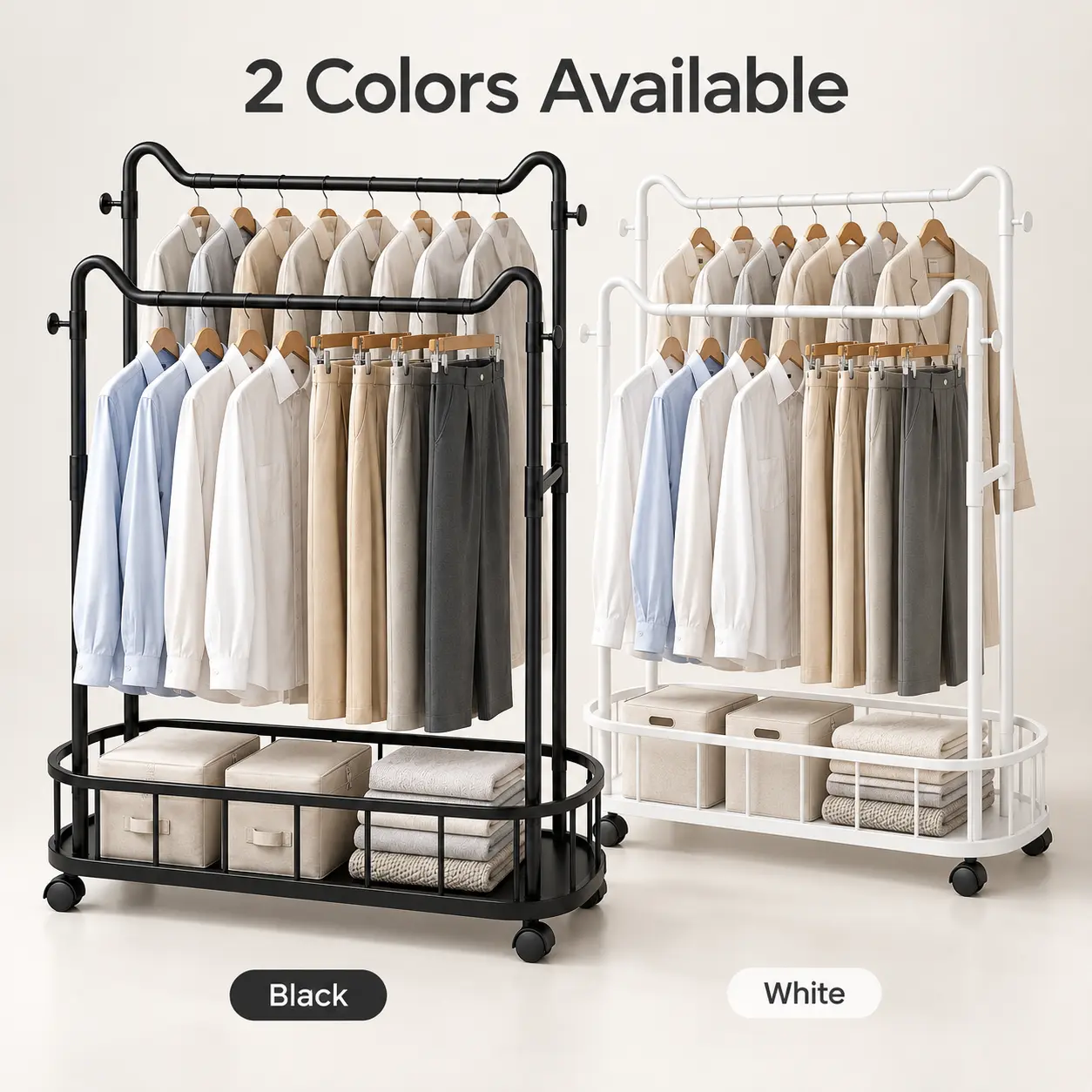 Modern Double Rod Rolling Garment Rack With Storage Shelf, Adjustable Clothes Hanging Rack With Wheels, Freestanding Clothing Organizer For Bedroom, Laundry Room And Closet