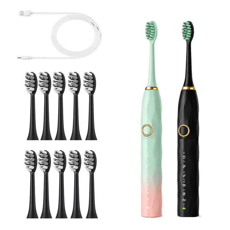 IPX8 Acoustic Electric Toothbrush, USB Rechargeable, Designed for Couples. Features a Metal Shaft Suitable for Both Men And Women. Comes with an Intelligent Timer, 10 Replaceable Brush Heads, Available in 5 Colors