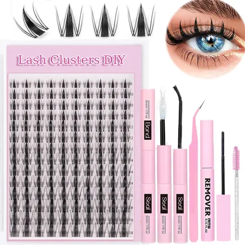 Eyelash Extensions Kit, 1 Set Including D Curl Fake Lashes & Eyelash Glue & Eyelash Remover & Tweezers & Eyelash Brush, Eyelash Tools, Professional Eye Makeup Set for Women, DIY Wispy Lash Clusters, Cosmetics Kits