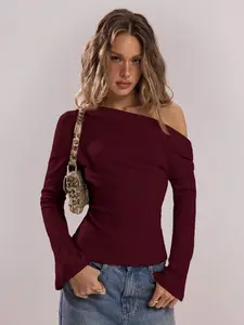 OFFGRID x BAE Women's Solid Color Minimalist Oblique Shoulder Long Sleeve Top, Everyday Wear