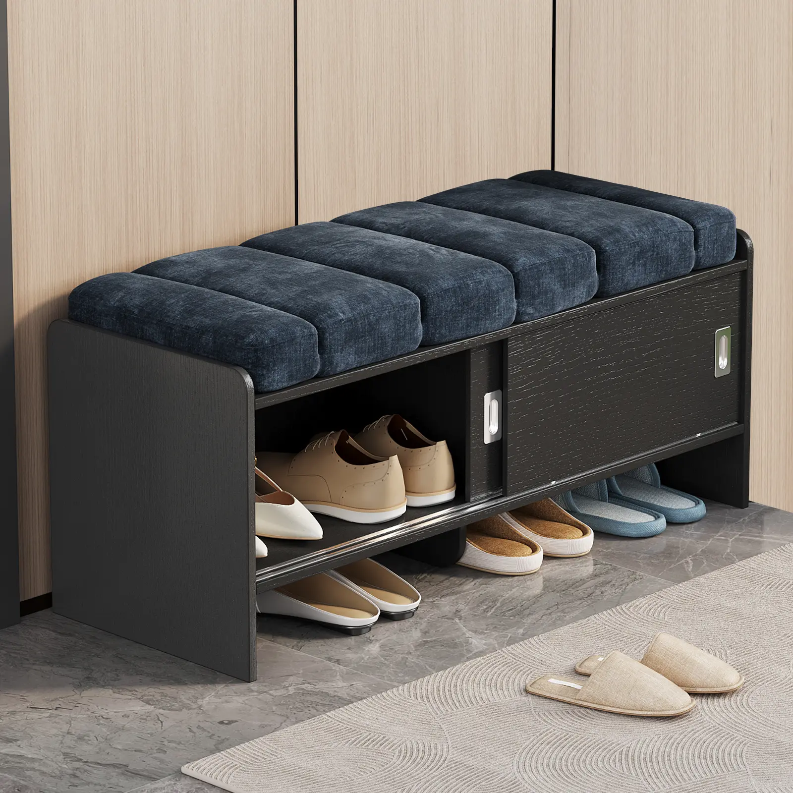 Guyii 43.3in Narrow Shoe Storage Bench - Cushioned Seat, Cabinet, Tier Shelves, Hidden Door Storage, Organizer Ottoman, Modern Wooden Entryway Furniture for Hallway, Dorm, Easy Assembly Required, Living Rooms