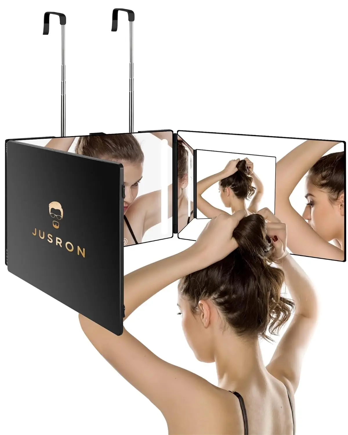 JUSRON 3 Way Mirror for Self Hair Cutting, 360 Trifold Barber Mirrors 3 Sided Makeup Mirror to See Back of Head, Used for Hair Coloring, Braiding, Gif