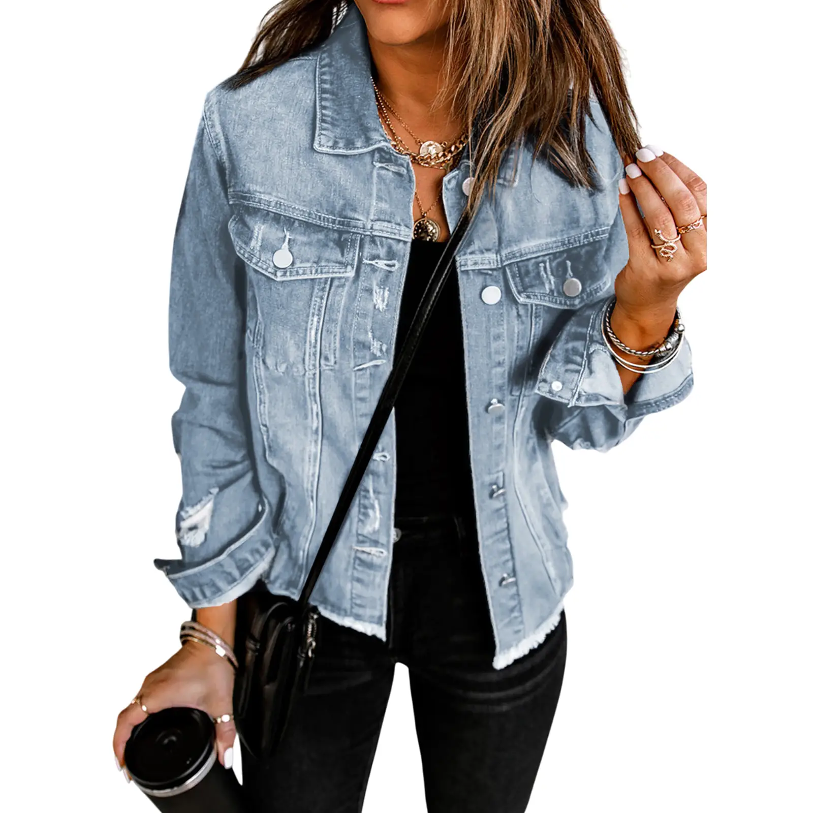 EVALESS Women's Jean Jackets Casual Non Stretch Boyfriend Washed Coats Distressed Ripped Lapel Long Sleeve Denim Outwear Tops 2025 Womenswear Fall Win