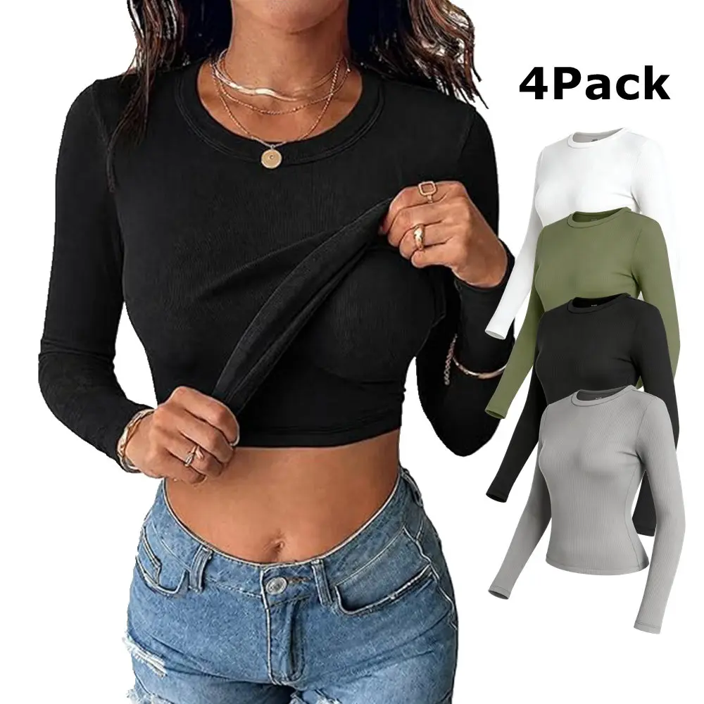4 Pack Women's Ribbed Built-in Bra Long Sleeve Tops | Crew Neck, Slim Fit Undershirts, Knit Basic, Summer Casual, Stretch Layering Tee Shirts