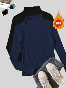 【Plus Size】 Solid Turtle Neck Tee, Casual Long Sleeve T-shirt for Spring & Fall, Women's Clothing for Daily Wear, Top