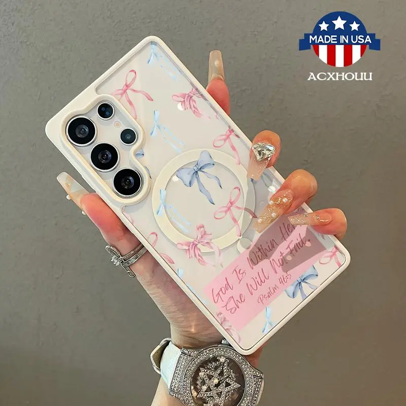 Girly Chic Magnetic Phone Case for Samsung S22-S25 Plus Ultra, Multi-Model MagSafe Compatible, Decorative Bow Label, Lightweight Durable TPU, Anti-Fall Resistance, Aesthetic Smartphone Protection Accessory