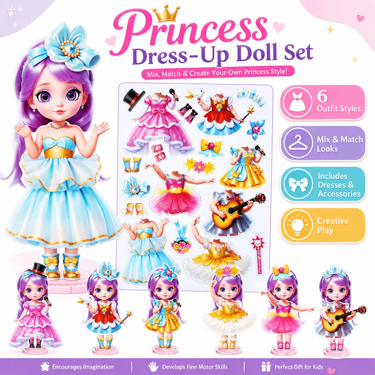 Joyful Princess Magnetic Vinyl Ballerina Dress-Up Dolls Set for Girls 3-4 Years Old, Mix-and-Match Magnetic Toy, Brain-Boosting Hands-On Creativity, Fine Motor Skills Development, DIY Craft, Travel Activity, Collectibles