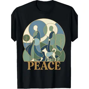 Menswear Short-Sleeve Round Neck Print T-Shirt - Zen Design with Peace Walking Monks & Aloka Dog, Slightly Stretchy Fit, S-XXXL Plus Size, All-Season Casual Wear for Outdoor Sports & Parties, Streetwear Crewneck Tshirt