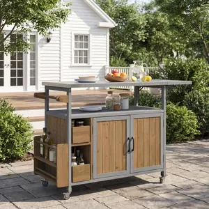 ARCH 54.33" Farmhouse Rolling Outdoor Kitchen Cart, Solid Wood Frame with Stainless Steel Top, Spice Rack, Towel Rack, Lockable Wheels & Multi-Functional Storage for Patio, Backyard BBQ & Kitchen