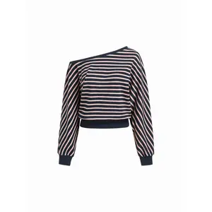 Cider Striped Asymmetrical Neck Long Sleeve Cinched Waist Sweatshirt