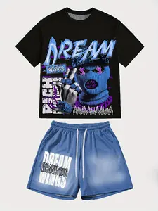 Men's 2-Piece Casual Fashion Streetwear Outfit, "DREAM" Hip-Hop Graphic Print Short Sleeve T-Shirt & Drawstring Shorts Set
