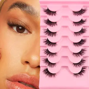 Half Eye Fluffy False Eyelashes, 7 Pairs Wispy Cat Eye Faux Cluster Lashes, Natural Curling Eye Makeup Strip Lashes for Women & Girls Eye Extensions, Wispy Lash Clusters