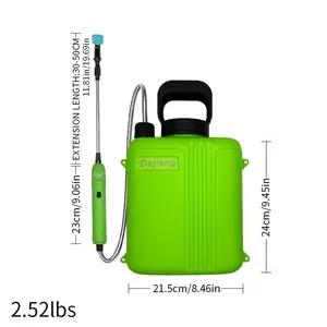 Battery-powered backpack sprayer with a capacity of 1.35 gallons, equipped with a battery indicator, telescopic pole, and 3 nozzles.This is a rechargeable garden sprayer suitable for use on lawns, patios, and for pest control.