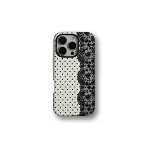 Black Polka Dot Lace Print Pattern Phone Case | Military-grade Shockproof Protection, Compatible with iPhone 17 Pro Max 16 15 14 13 12 11 X Plus/Pro & Samsung Galaxy | Affordable Tough Anxiety Phone Case for Girls Vintage Union Jack wildflower Striped